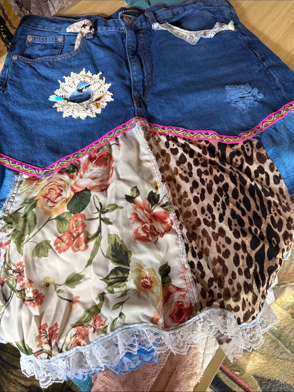 Handmade Upcycled Mixed Media Denim Boho Skirt Large - Picture 3 of 11